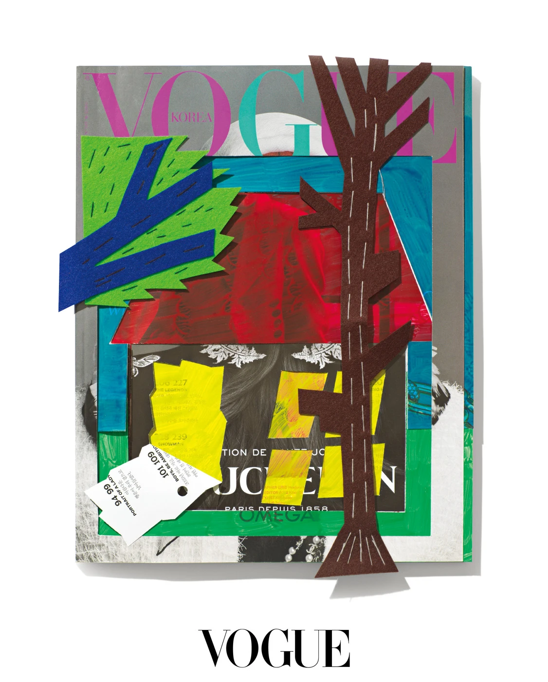 Hyunsun JEON, Home, 2026, cut-outs from the cover and pages of Vogue, watercolor, with felt and stitching applied on top, 28.6×22.8×0.65cm