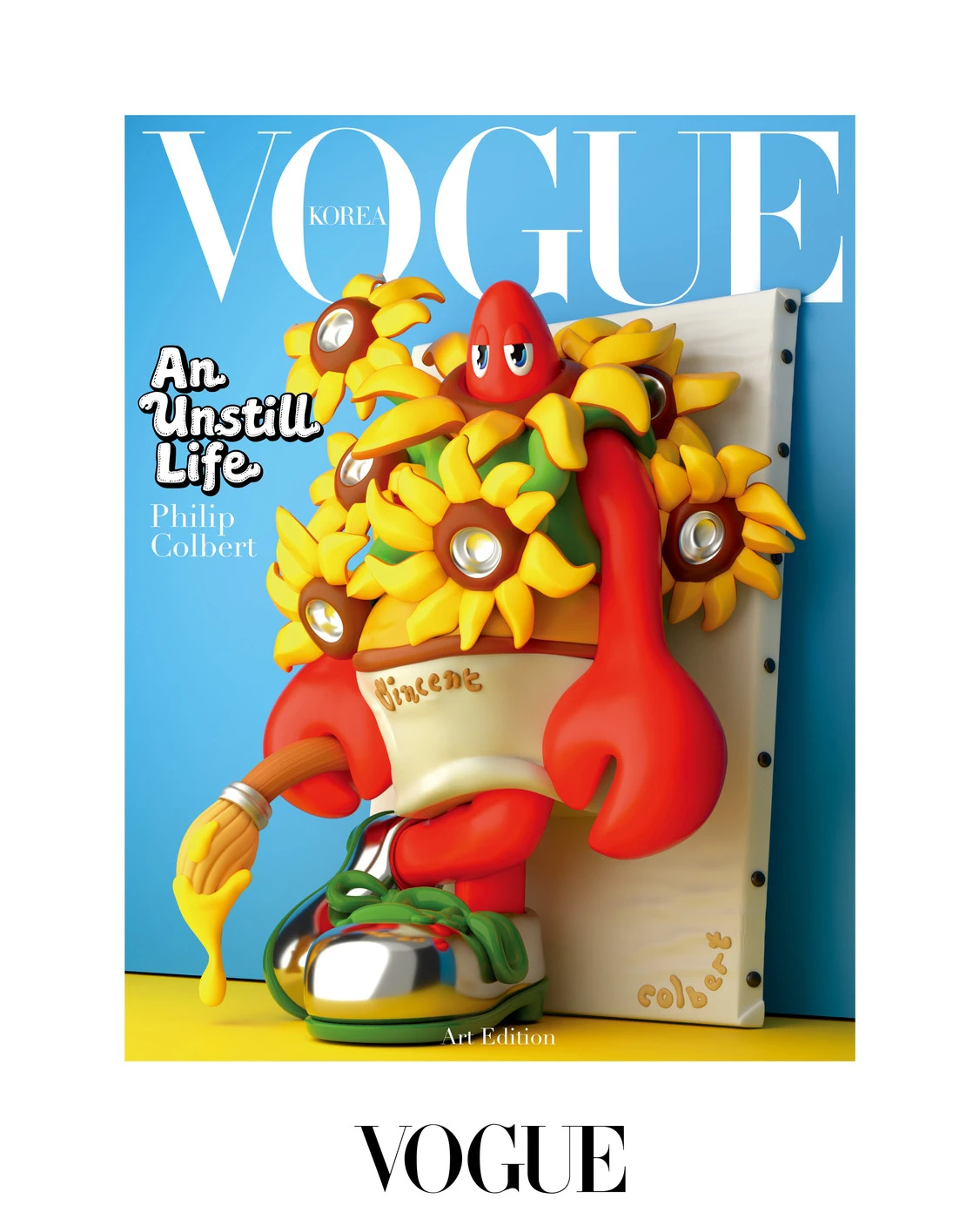 Philip Colbert, An Unstill Life (Lobster Sunflowers after Vincent), 2026, Digital print with silver foil, 28.6×22.6cm